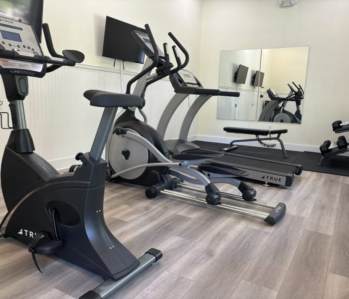 Small clean fitness room with TRUE-brand cardio equipment, stationary bike, elliptical, and treadmill on gray wood flooring with wall mirror and dumbbell rack at Splash RV Resort in Milton, Florida.
